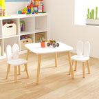 Rabbit Ear Kids Table and Chairs Set for Toddlers - White Wooden Childrens Play Table with 2 Chairs, 23.6 inch Kids Desk with Rounded Corners for Playroom (Solid Wood+MDF, White(Rabbit Ear))