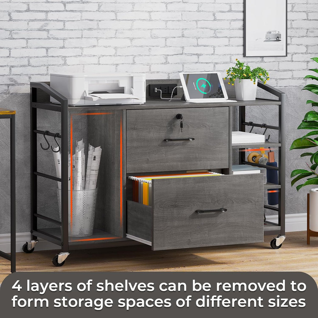 SEDETA 44" File Cabinet with Lock, Filing Cabinet fits Legal/Letter Size | Grey Lateral 2 Drawer Filing Cabinets for Home Office with Lock, Power Strip, 6 Storage Shelves, Wheels and 4 Hooks