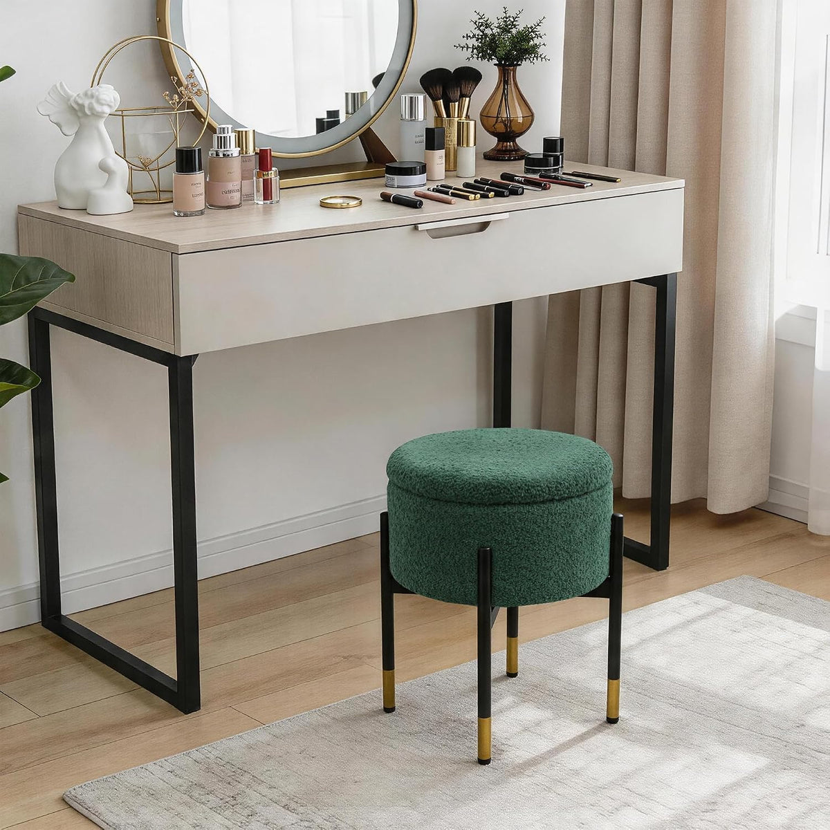 Round Ottoman with Storage,Soft Velvet Vanity Stool,Ottoman Coffee Table with Metal Legs,Foot Stool for Living Room Bedroom, Green