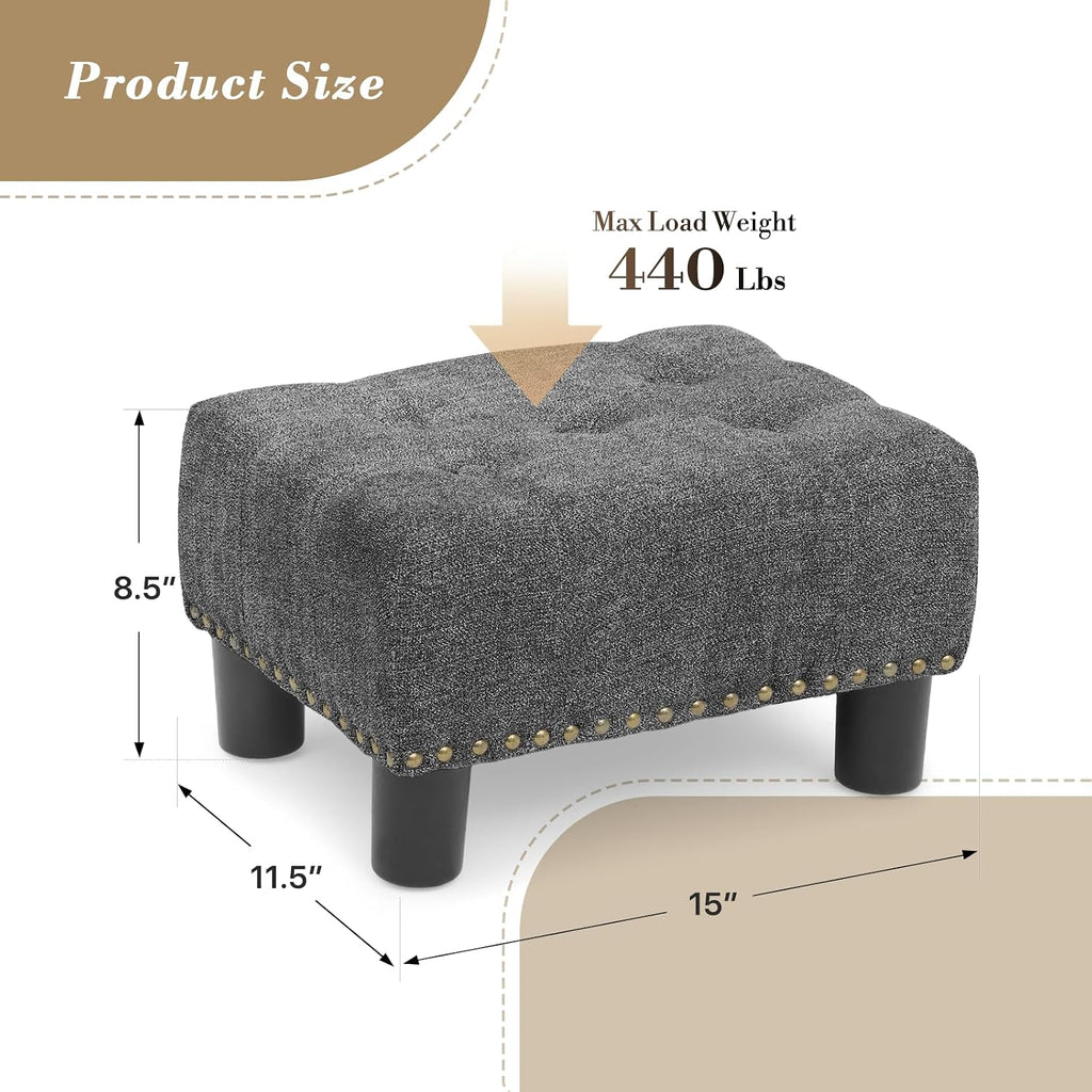 Athena Collection Small Ottoman Foot Rest with Legs, Linen Fabric Ottoman Foot Stool with Soft Padded seat, Square Footstool FootRest for Living Room, Bedroom, Office, Dark Grey