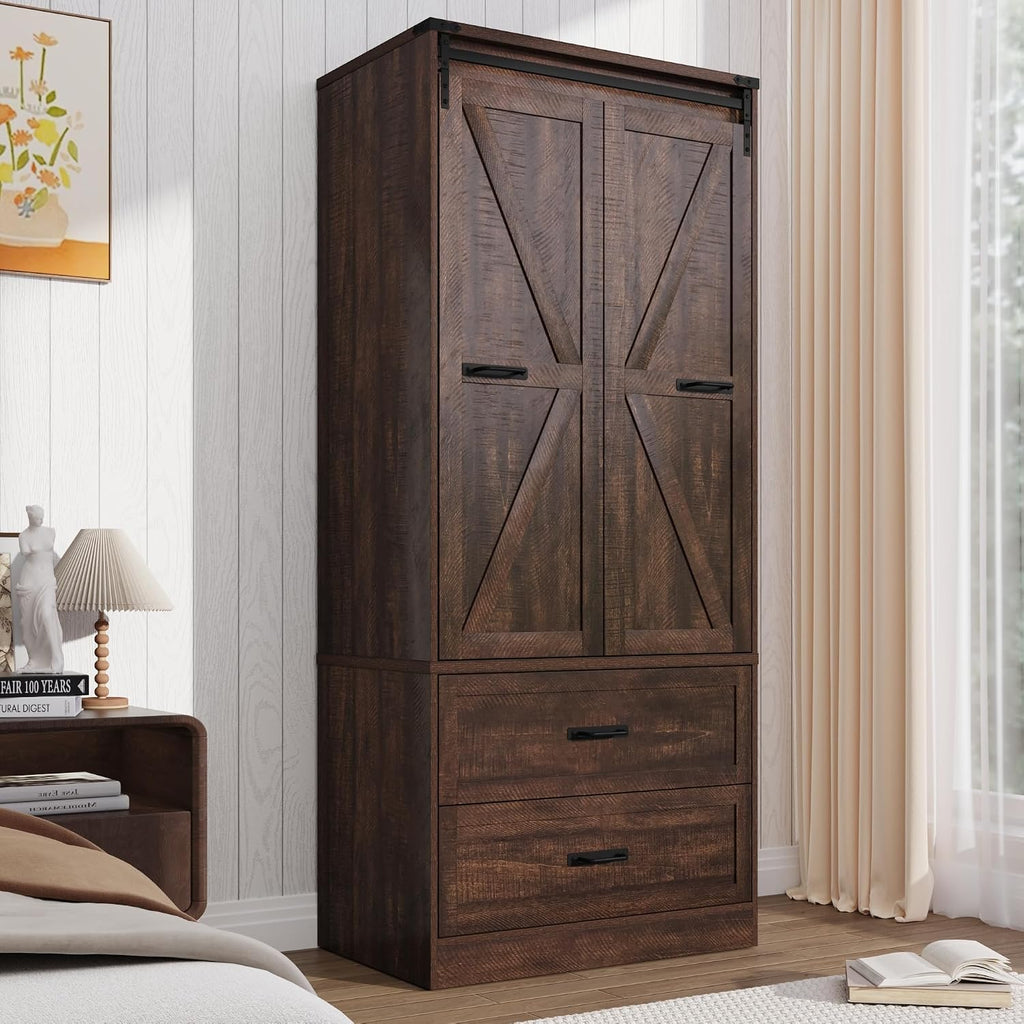 Farmhouse 2 Doors Armoire Wardrobe Closet w/ Folding Sliding Barn Door and Lights, LED Armoire Closet w/Drawers for Bedroom, Freestanding Wooden Wardrobe Storage Closet w/Hanging Rod,Rustic Brown