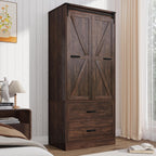 Farmhouse 2 Doors Armoire Wardrobe Closet w/ Folding Sliding Barn Door and Lights, LED Armoire Closet w/Drawers for Bedroom, Freestanding Wooden Wardrobe Storage Closet w/Hanging Rod,Rustic Brown