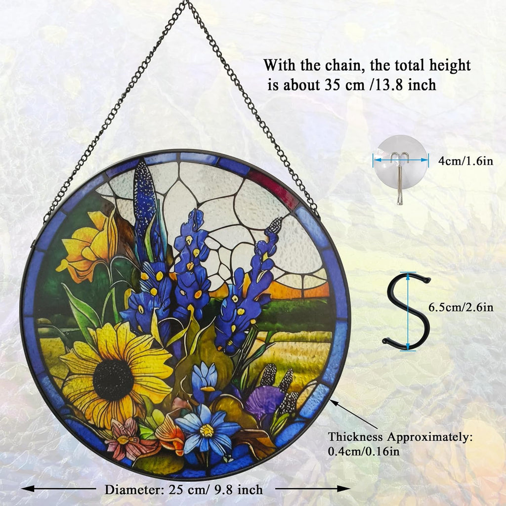 Sunflower Lavender Suncatcher Stained Glass Window Hanging, 9.8'' Hand-Painted Floral Sun Catcher Window Wall Decor with Chain, Birthday Gifts for Mom Grandma Wife