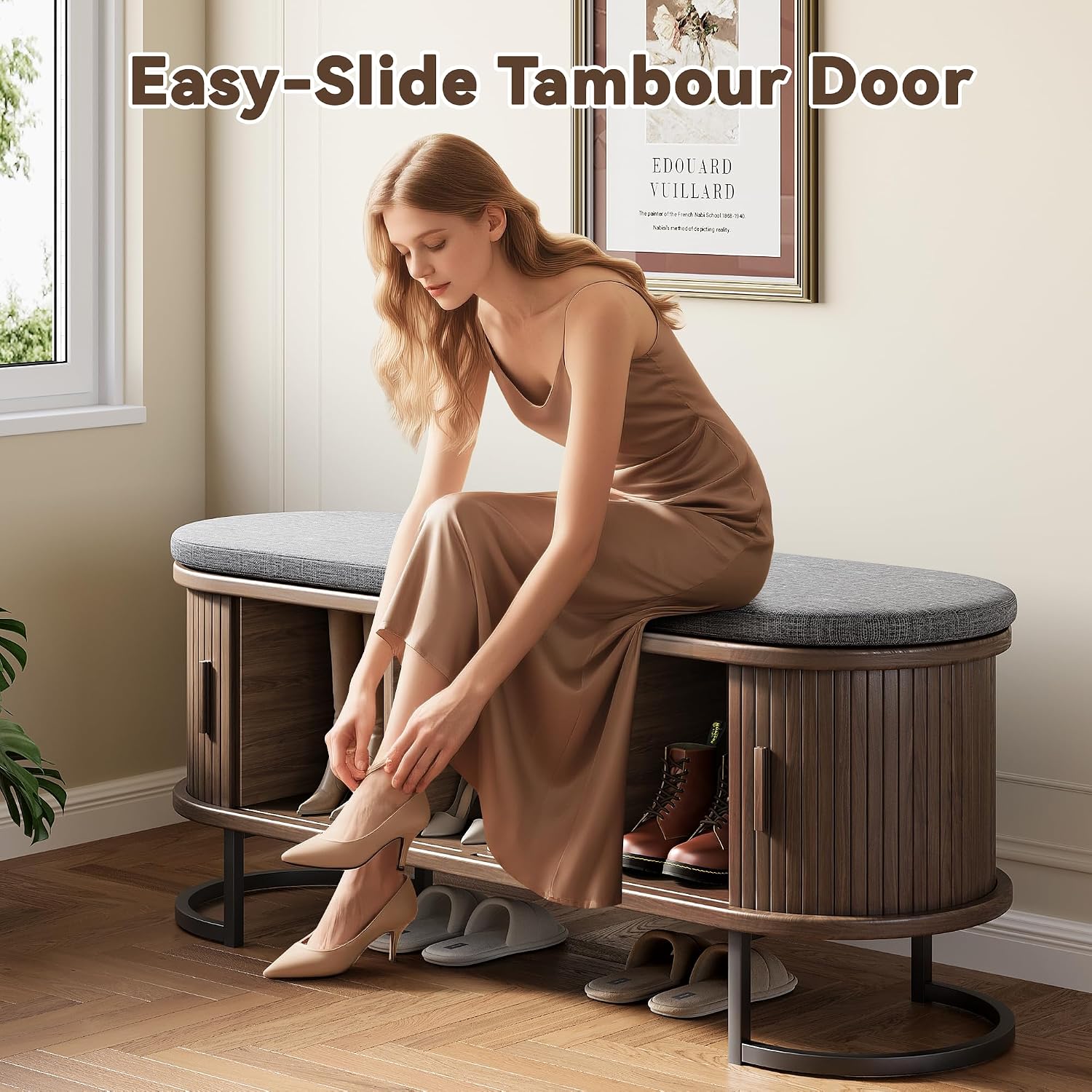 Decofy Shoe Storage Bench with Cushion and Sliding Doors, 47.2 Inch Shoe Bench with Storage, Freestanding Entryway Bench with Storage, Sturdy Metal Feet, for Hallway & Entrance Hall, Walnut