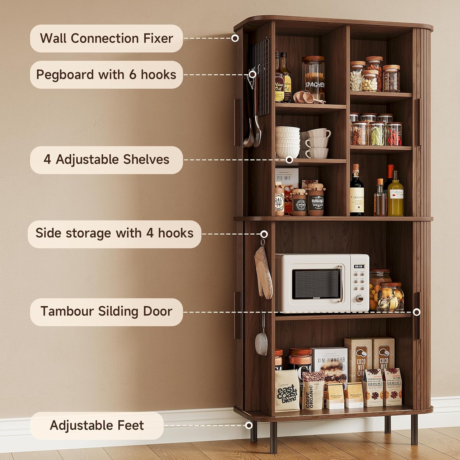 71" Tall Fluted Pantry Cabinet, Mid-Century Modern Kitchen Pantry Storage Cabinet with 2 Pegboards, 10 Hooks, Freestanding Cupboard with 4 Adjustable Shelves, Sliding Doors for Dining Room