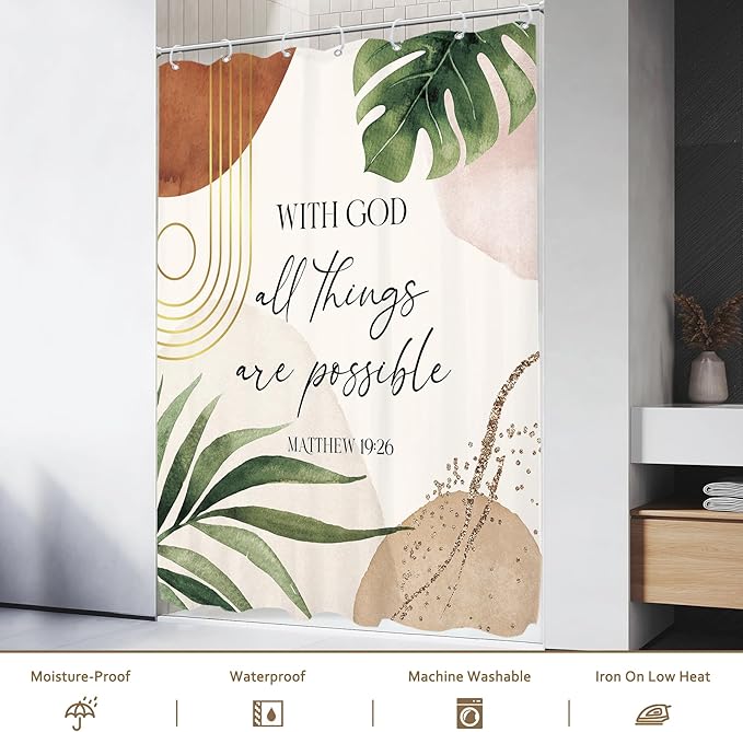 Glawry Boho Bible Verse Small Shower Curtain Stall RV Narrow Inspirational Scriptures Quotes Palm Leaf Abstract Bathroom Mid Century 48Wx72L Inches Bath Accessories Art Home Decor Fabric 8 Pack Hook