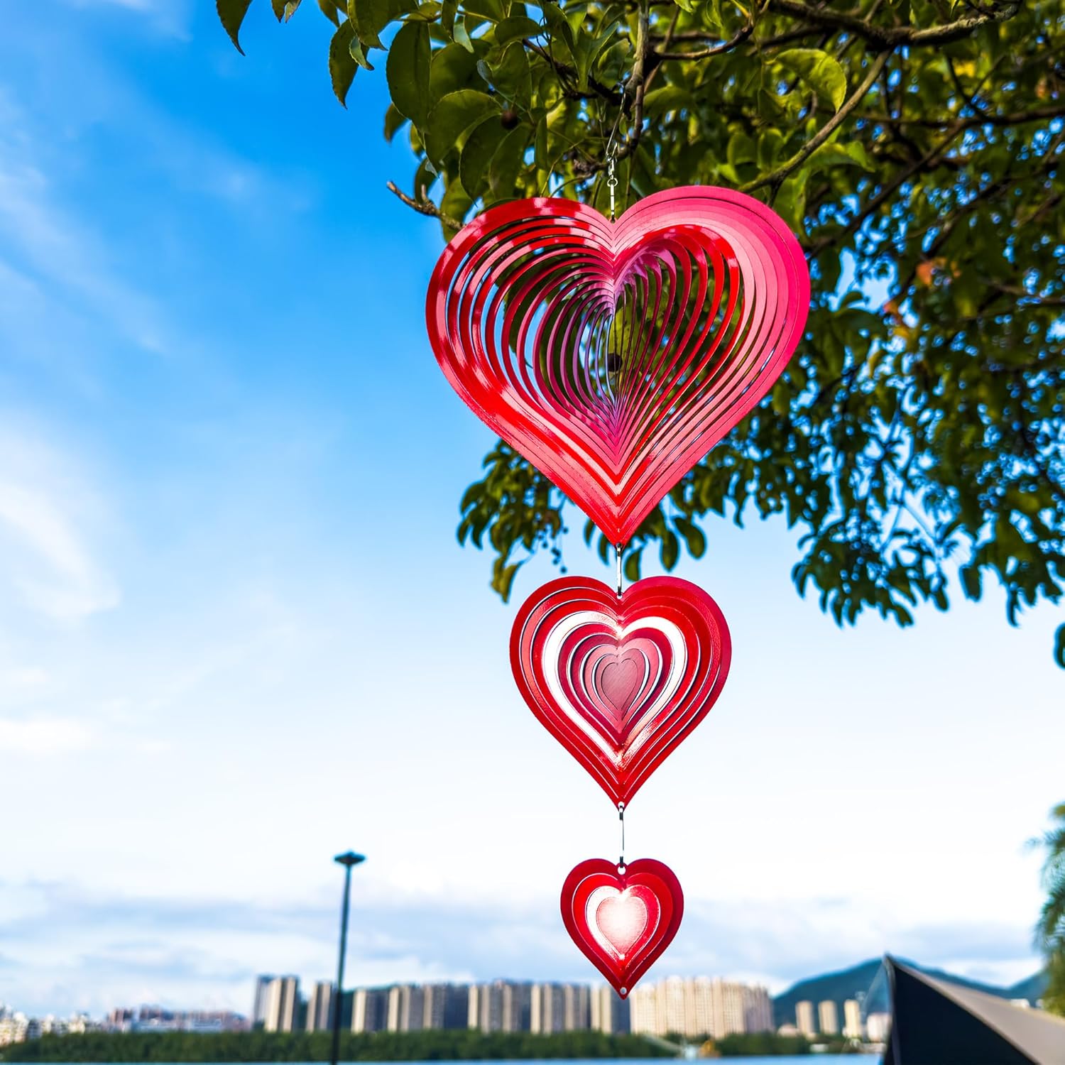 Wind Spinners Outdoor, 3D Red Hearts Hanging Wind Spinners, 14 inches, Kinetic, Stainless-Steel Metal, Smooth Spinning, Indoor and Outdoor Decoration for Garden, Patio, Yard, Gift for Women Mom Wife