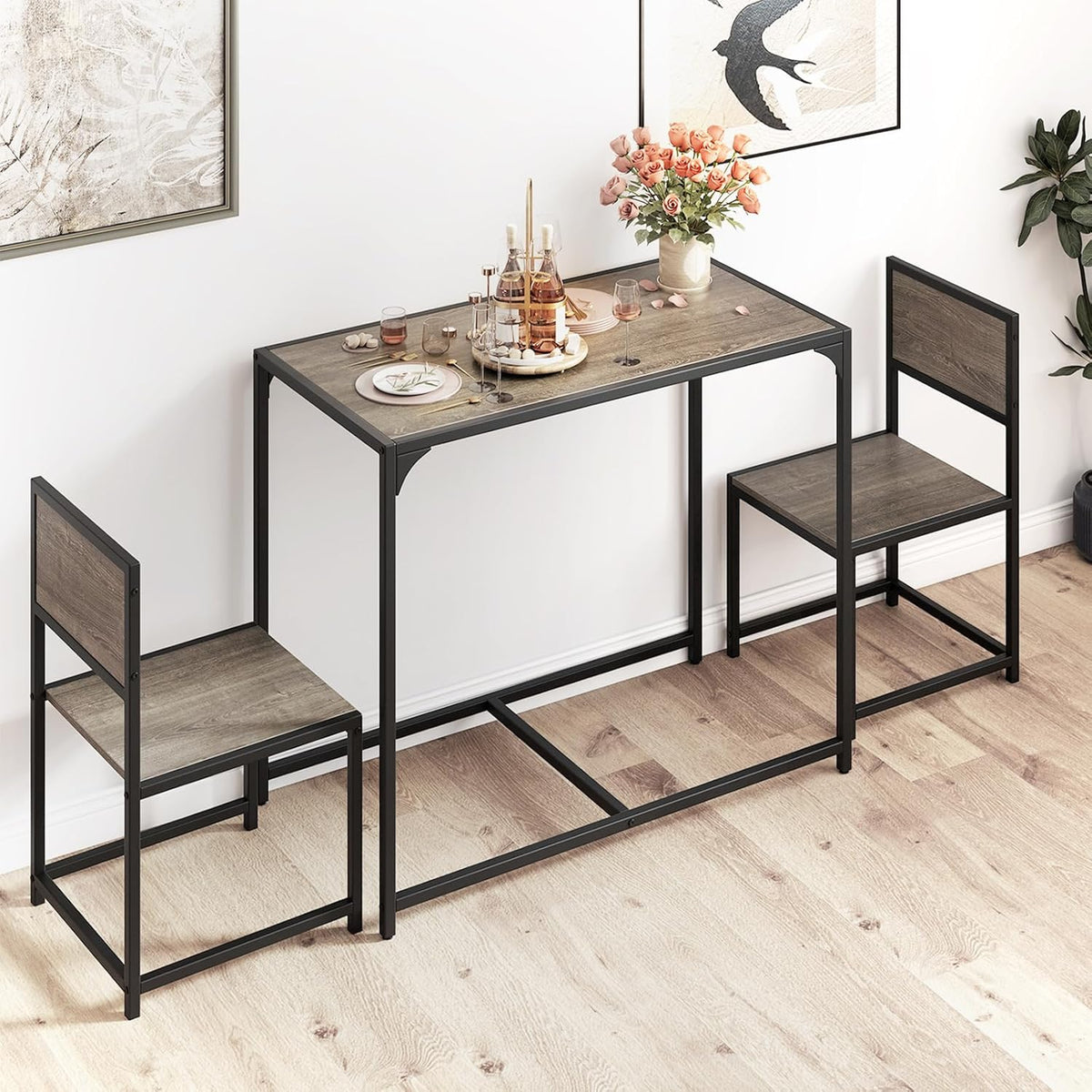 Giantex 3-Piece Dining Table Set for 2, Small Industrial Kitchen Table with 2 Chairs, Metal Frame, Space Saving Dinette Set for Breakfast Nook Dinner Small Space Apartment Living Room, Grey Oak