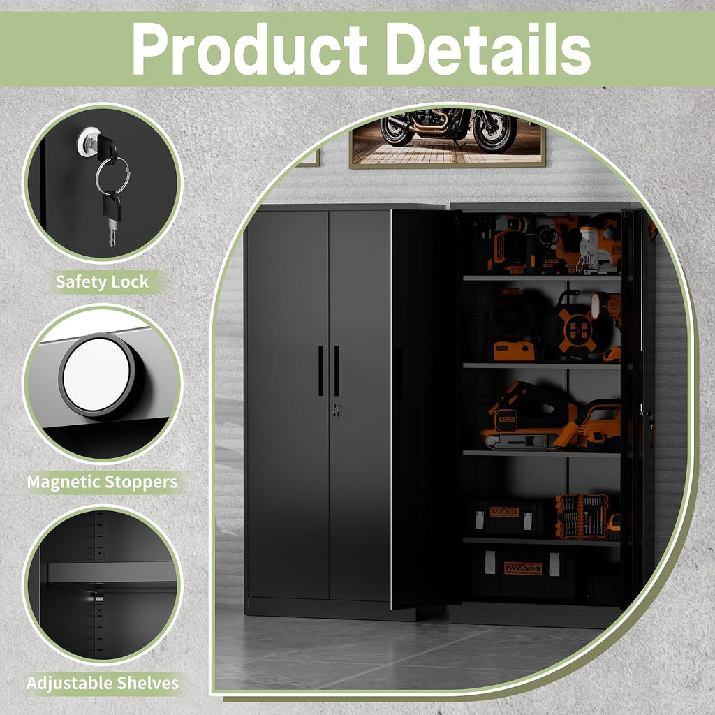 Metal Storage Cabinet, 71" H Garage Storage Cabinet with Doors and Adjustable Shelves, Heavy Duty Locking Tool Cabinet Utility Cabinets for Home Office, Garage, Warehouse, School (Black)