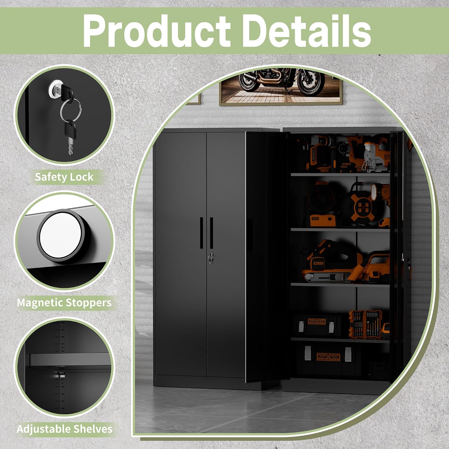 Metal Storage Cabinet, 72" H Garage Storage Cabinet with Doors and Adjustable Shelves, Heavy Duty Locking Tool Cabinet Utility Cabinets for Home Office, Garage, Warehouse, School (Black)