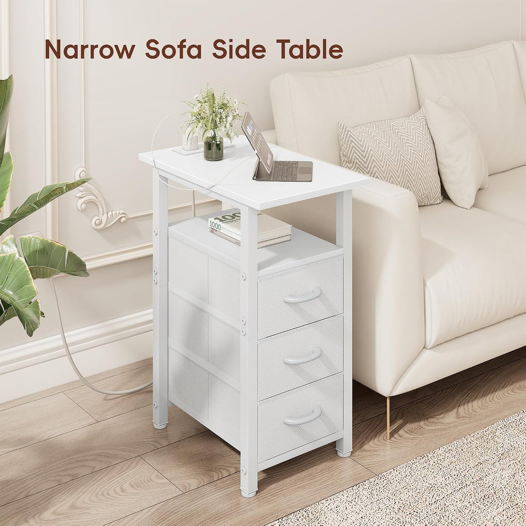 Vagusicc White End Table with Charging Station, Narrow Side Table, Narrow Nightstand with 3 Fabric Drawers, Slim Sofa Side Table for Small Spaces, Small Night Stand for Bedroom, White