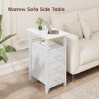 Vagusicc White End Table with Charging Station, Narrow Side Table, Narrow Nightstand with 3 Fabric Drawers, Slim Sofa Side Table for Small Spaces, Small Night Stand for Bedroom, White