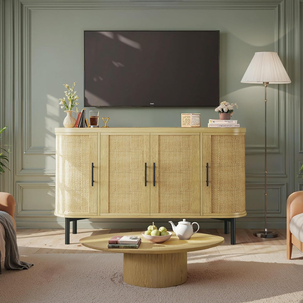 HUAHUU Sideboard Buffet Cabinet with Storage, 47.2" Rattan Sideboard Cabinet with Adjustable Shelf, Metal Legs, Modern Buffet Sideboard for Kitchen, Living Room, Entryway, Natural Oak
