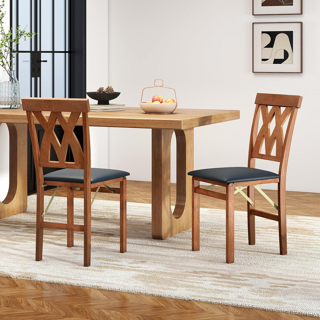 GIANTEX Folding Dining Chairs Set of 2, Farmhouse Upholstered Kitchen Chair | Wooden Dining Room Chairs w/Rubber Wood Frame, PVC Leather Seat, Hollowed Curved Backrest, Foldable Chair for Home Restaurant