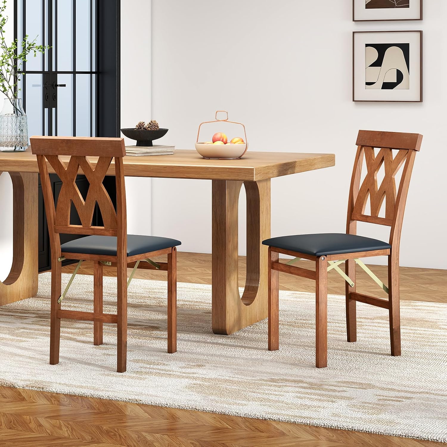GIANTEX Folding Dining Chairs Set of 2, Farmhouse Upholstered Kitchen Chair | Wooden Dining Room Chairs w/Rubber Wood Frame, PVC Leather Seat, Hollowed Curved Backrest, Foldable Chair for Home Restaurant
