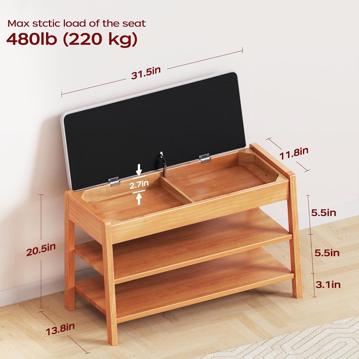 PARTPHONER Shoe Rack Bench with Storage, 2-Tier Solid Wood Entryway Bench with Cotton-Linen Cushion, Multipurpose Storage Organizer Bench for Bedroom, Hallway, Living Room, 31.5”