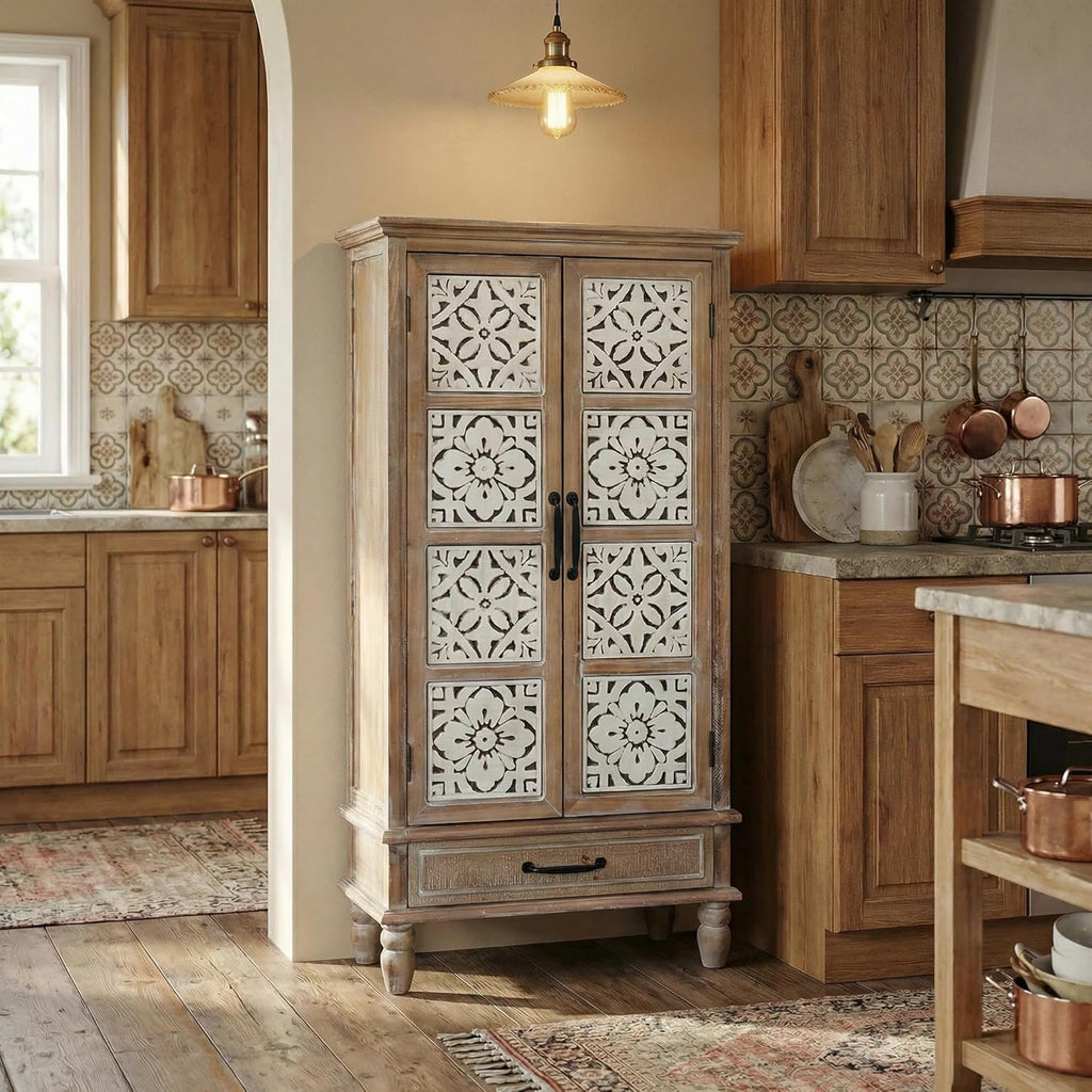LKTART KTART 55'' Tall Kitchen Cabinet,Narrow Pantry Storage Cabinet with Shelves and Drawers,French Country Accent Cabinet,Solid Wood China Cabinet with Embossed Floral Metal Doors,Natural Wood