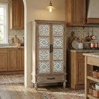 LKTART KTART 55'' Tall Kitchen Cabinet,Narrow Pantry Storage Cabinet with Shelves and Drawers,French Country Accent Cabinet,Solid Wood China Cabinet with Embossed Floral Metal Doors,Natural Wood