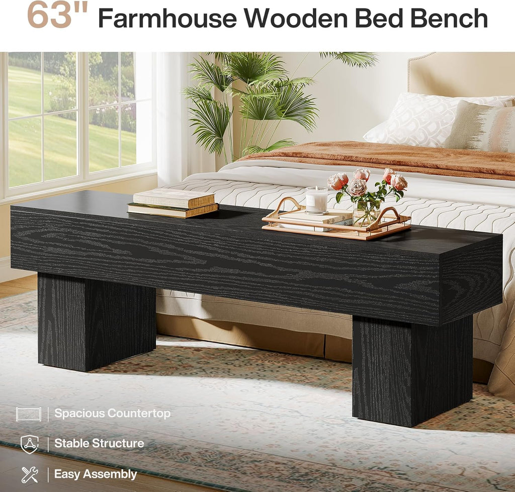 Tribesigns 63“ Extra Long Entryway Bench, Indoor End of Bed Bench for Bedroom, Farmhouse Wooden Shoe Seat Dining Bench for Dining Room, Living Room, Hallway, Black