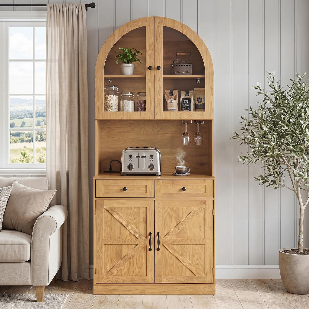 KEIKI 75 Inch Farmhouse Pantry Cabinet with Charging Station, Tall Arched Coffee Bar Cabinet with Adjustable Shelves & Drawer, Freestanding Storage Sideboard for Kitchen Dining Room Living Room, Oak