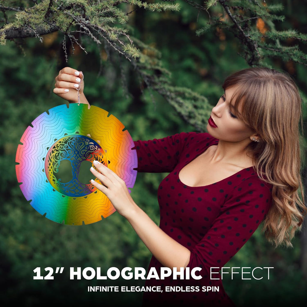 Skylar Tree of Life Wind Spinner, Stainless-Steel Garden Decor, 3D Wind Charm with Holographic Effect, Unique 12-Inch Sun Catcher, Foldable Ornament with 2 Support Hooks for Hanging