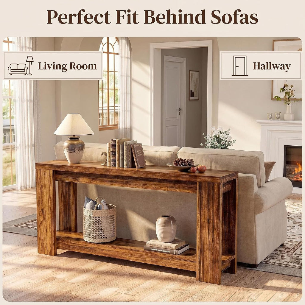 70.9" Rustic Farmhouse Console Sofa Table - Heavy Duty MDF Entryway Table with 2-Tier Storage, Narrow Long Table for Behind Couch, Brown