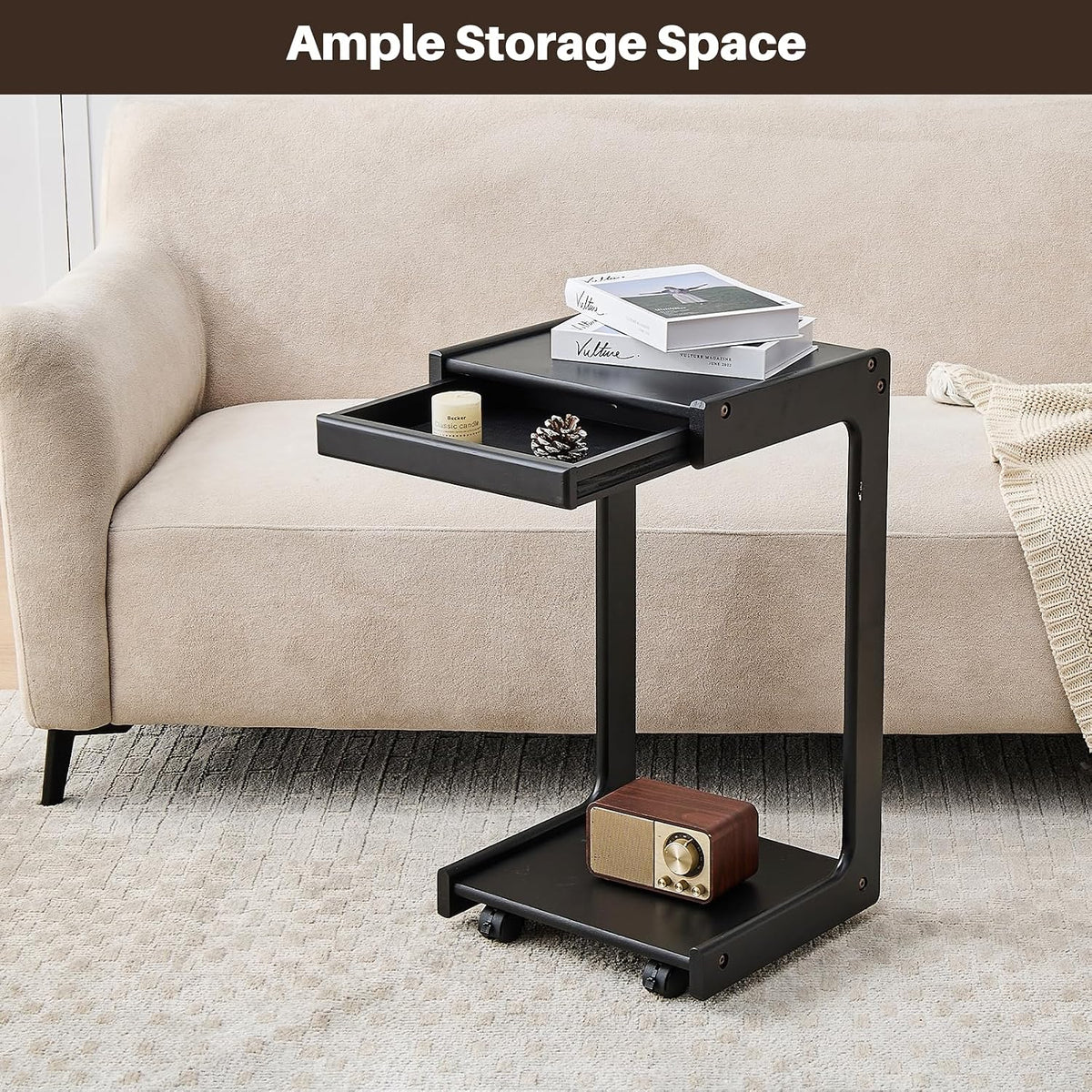 Uniclinens Rolling Side Table for Sofa - C Shape Couch End Table with Wheels, Mobile Wooden Slim Sofa Tray, Movable Small Couch Desk for Living Room Bedroom, Black