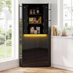 Anbuy 67'' Tall Pantry Cabinet with Led Light, Corner Pantry Cabinet with 4 High Gloss Doors and Adjustable Shelves, Space Saving Storage Cabinet for Food Hutch for Kitchen, Living Dining Room(Black)