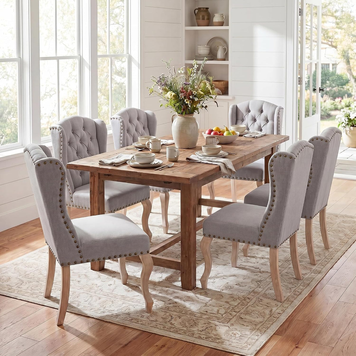 Parsons Dining Chairs Set of 2, Farmhouse High Back Chairs | Tufted Linen Upholstery, Solid Wood Legs, High Back for Kitchen & Dining Room,Grey