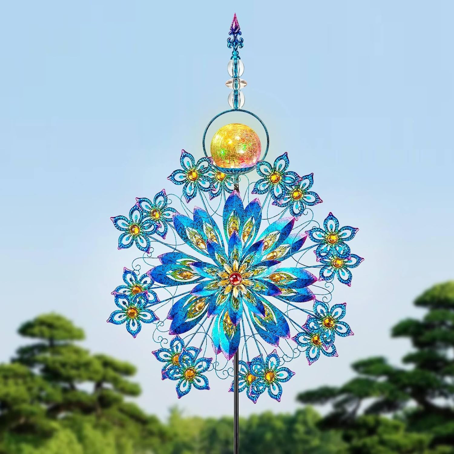 Kircust Large Solar Wind Spinner with Glass Ball - Peacock Themed Kinetic Garden Art, Dual Spinning Metal Decor for Outdoor Yard, Lawn, or Patio in Elegant Peacock Blue