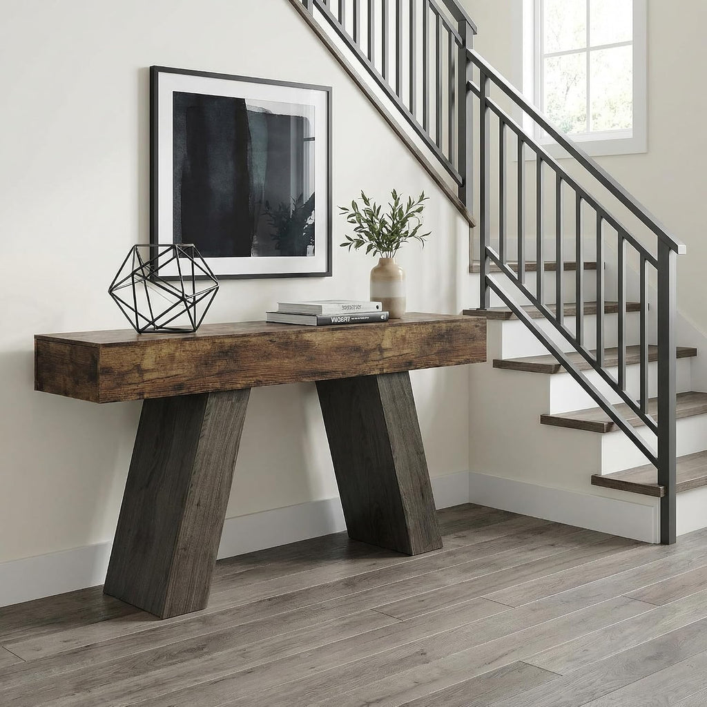 Kikihouse 63-Inch Long Console Table w/Storage Drawers, Wood Grain Sofa Table Behind Couch, for Entryway, Entrance, Hallway, Foyer, Living Room (Rustic Brown + Charcoal)