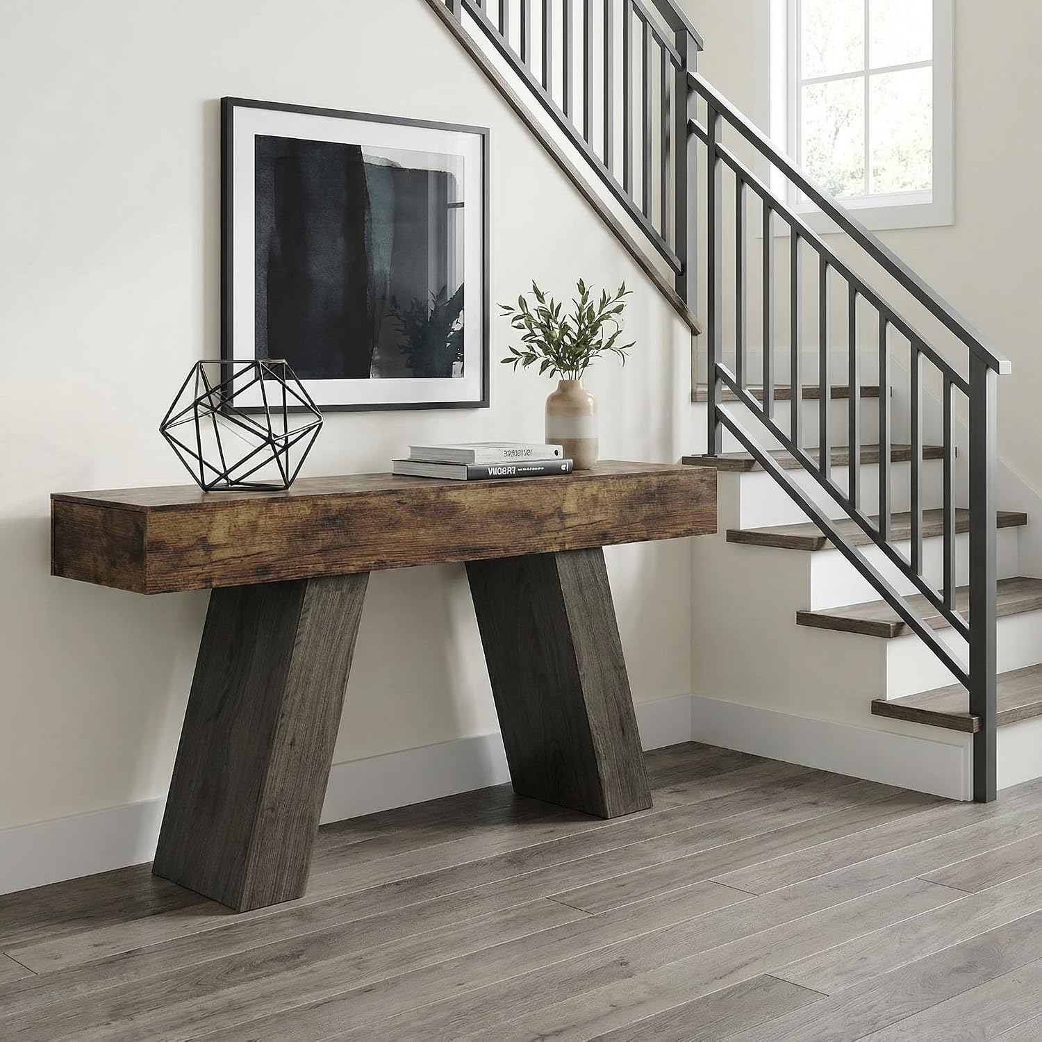 Kikihouse 63-Inch Long Console Table w/Storage Drawers, Wood Grain Sofa Table Behind Couch, for Entryway, Entrance, Hallway, Foyer, Living Room (Rustic Brown + Charcoal)