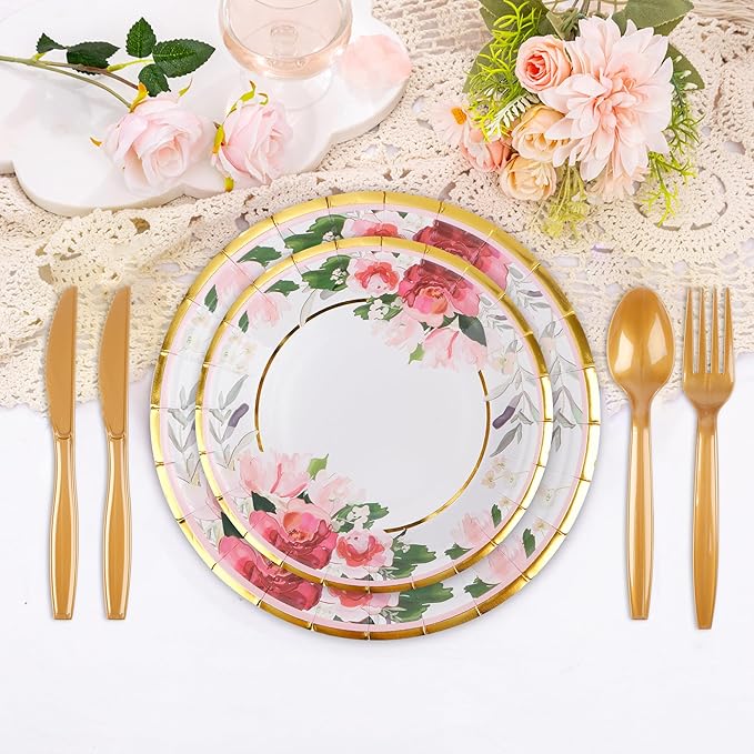 280 Pcs Thanksgiving Floral Paper Plates And Napkins Party Supplies - Bridal Shower Floral Plates,Flower Cups, Forks, Knives And Spoons, Napkins, Straws For Birthdays, Parties And Tea Parties