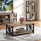 GreenForest Coffee Table for Living Room with Round Corners Farmhouse Style Center Table with Storage Shelf 39 Inch Space Saving Easy Assembly Gray Wash | for Living Room