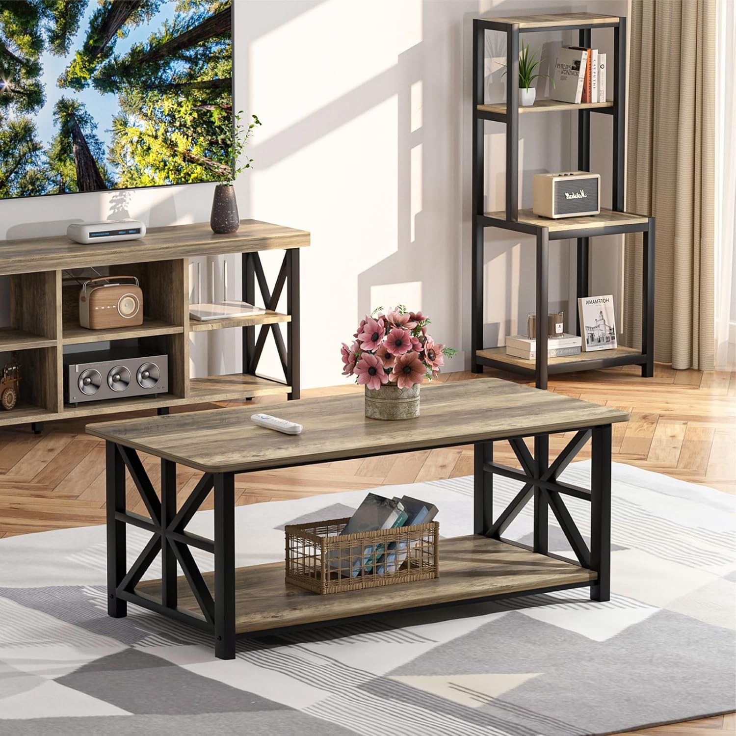GreenForest Coffee Table for Living Room with Round Corners Farmhouse Style Center Table with Storage Shelf 39 Inch Space Saving Easy Assembly Gray Wash | for Living Room