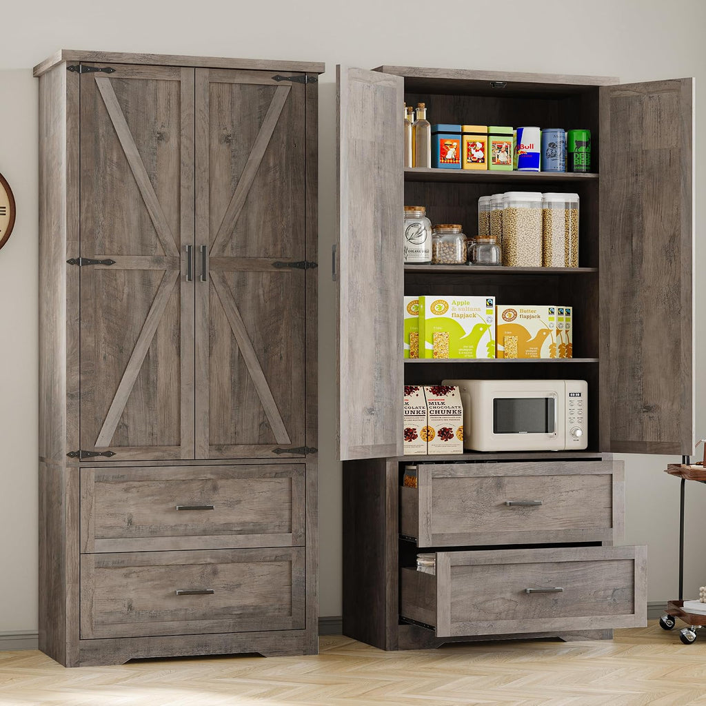 BORNOON Pantry Organizers and Storage Cabinet, 71” Barn Door White Kitchen Cabinet with Drawers and Adjustable Shelf, Tall Pantry for Kitchen, Dining Room, Living Room. Bathroom and Office