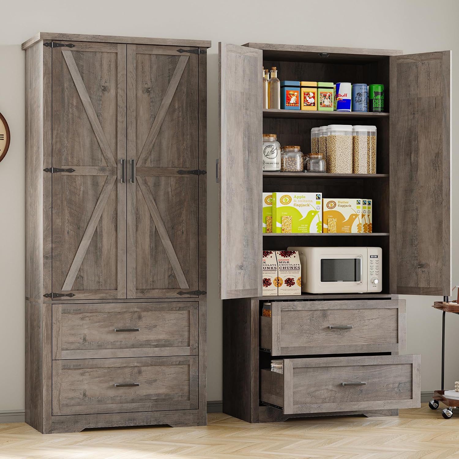 BORNOON Pantry Organizers and Storage Cabinet, 71” Barn Door White Kitchen Cabinet with Drawers and Adjustable Shelf, Tall Pantry for Kitchen, Dining Room, Living Room. Bathroom and Office