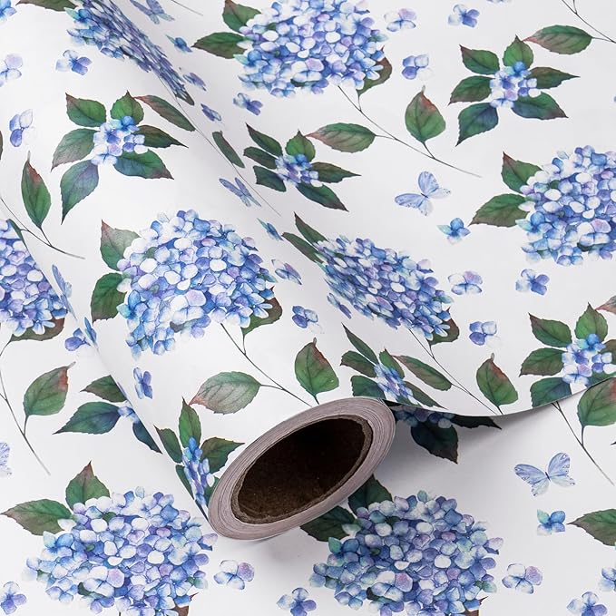 WRAPAHOLIC 30 Inch Jumbo Kraft Hydrangea Floral Wrapping Paper Roll - 30 Inch x 33 Feet - Hydrangea Flower Wrapping Paper for Wedding, Birthday, Bridal Shower, Tea Party
