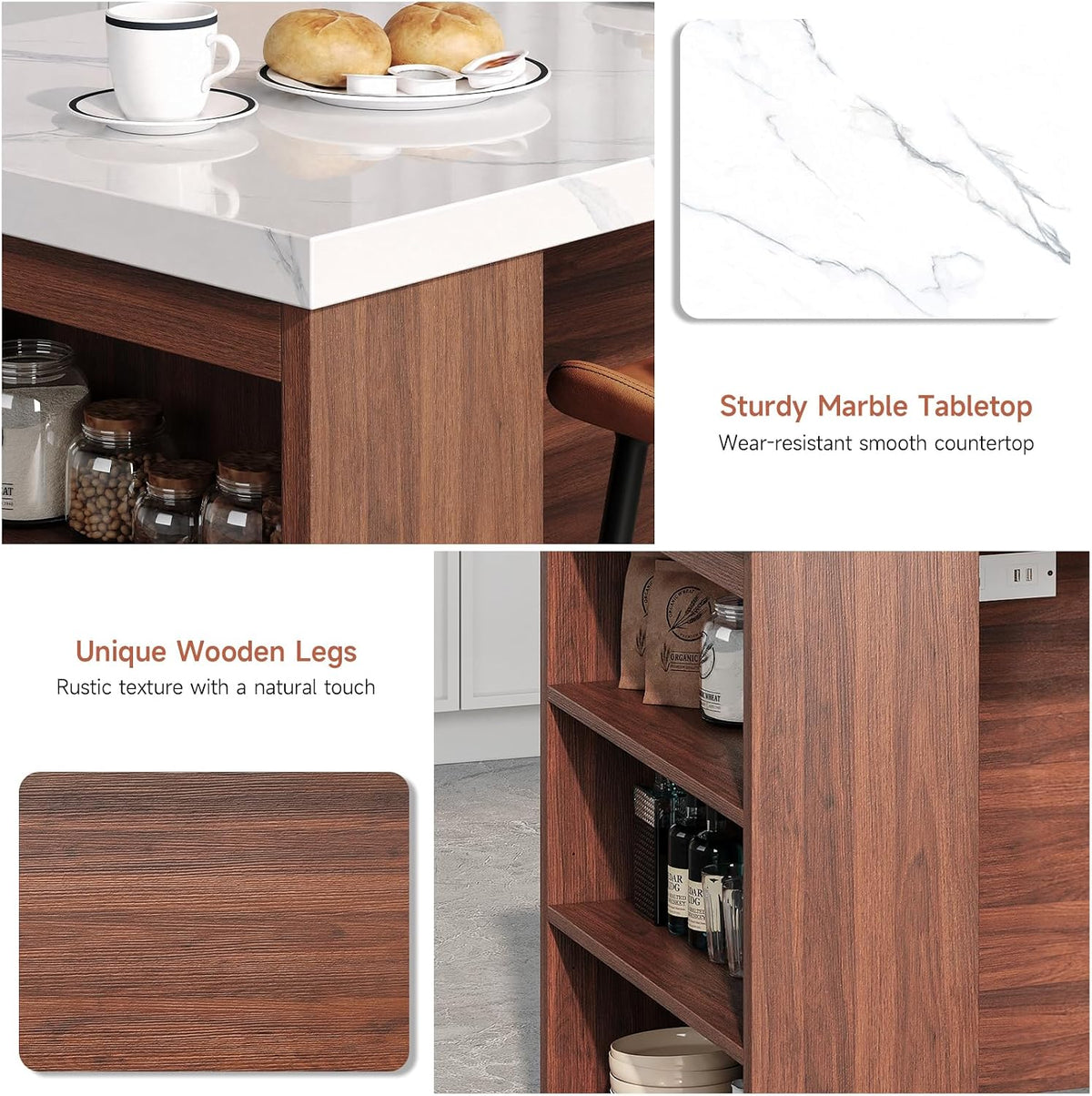 61" Kitchen Island Table with Storage, Counter Height Dining Table, Walnut | with Power Outlets, LED Lights, 3-Tier Side Storage, Faux Marble Top, Modern Stationary Kitchen Storage Islands for 4 Seats