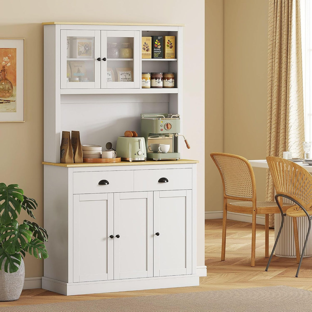 71inch Freestanding Pantry Cabinet — 39.25in Wide, White Finish with Yellow Oak Countertop, 4 Adjustable Shelves, 176lb Max Capacity