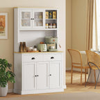 Modern Freestanding Pantry Cabinet 71in H x 39.25in W: White Finish, Warm Oak Countertop, 4-Tier Adjustable Shelves, 35.5in Surface w/Cable Hole, 176lb Capacity