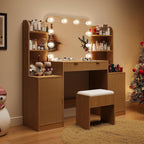 wanan Fluted Vanity, Large Vanity Set with Chair, Outlet, Mirror & Lights | 15"D x 53"W x 53"H, ample storage: 2 cabinets+2 drawers+4 shelves, 3-color/10-brightness lights, solid build, easy-clean