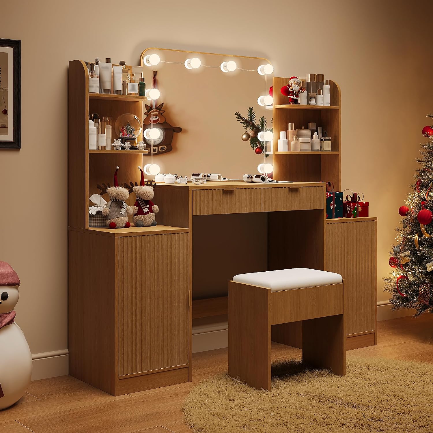 wanan Fluted Vanity, Large Vanity Set with Chair, Outlet, Mirror & Lights | 15"D x 53"W x 53"H, ample storage: 2 cabinets+2 drawers+4 shelves, 3-color/10-brightness lights, solid build, easy-clean