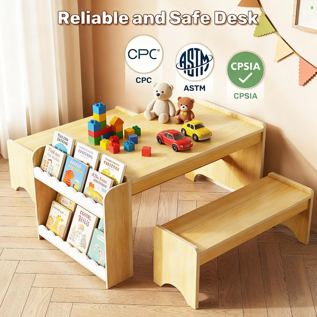 Xilingol Montessori Kids Table and Bench Set with Storage, Wooden Toddler Desk and Chairs Set, Indoor Activity Craft Table for Playroom, Boys, Girls (Natural)