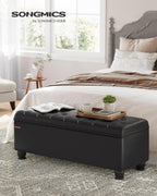 SONGMICS Storage Ottoman, 46.5 Inches Long Bed End Stool, Solid Wood Legs | Buttons Decoration, Non-Slip Foot Pads, 330.7 lb Load Capacity, Ink Black, MACEO Collection ULOM071B01