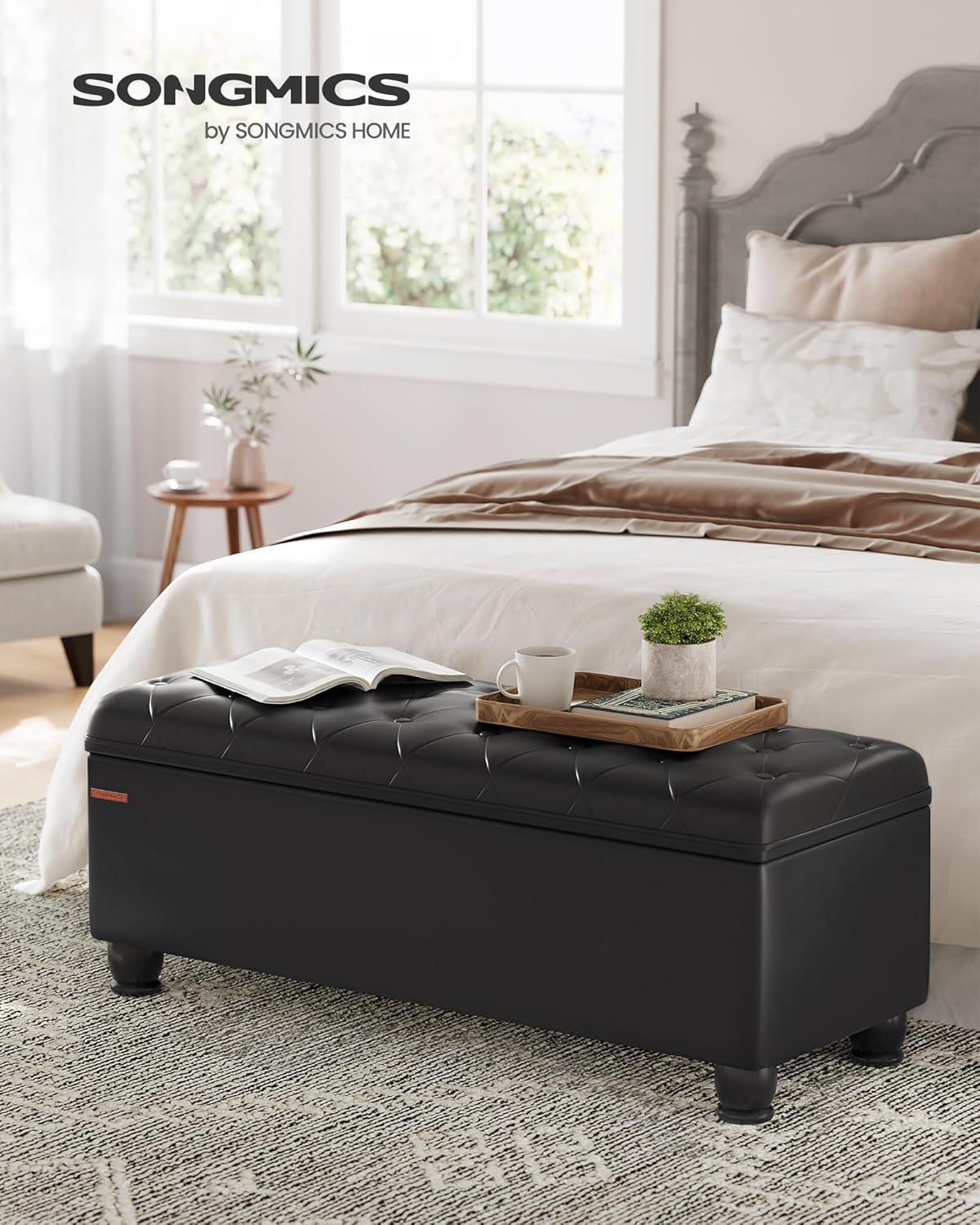 SONGMICS Storage Ottoman, 46.5 Inches Long Bed End Stool, Solid Wood Legs | Buttons Decoration, Non-Slip Foot Pads, 330.7 lb Load Capacity, Ink Black, MACEO Collection ULOM071B01