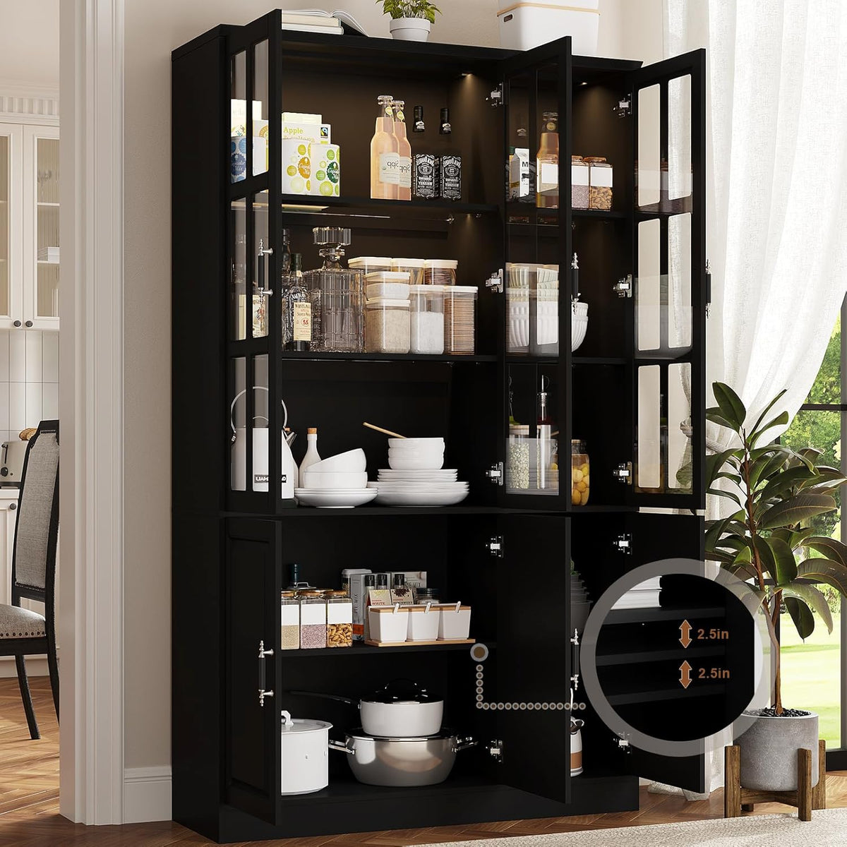 MEISSALIVVE 78.7" Kitchen Pantry Storage Cabinet with LED Lights, Tall Pantry Cabinet with Glass Doors, Kitchen Hutch Utility Pantry, Black (47.2" W x 15.7" D)