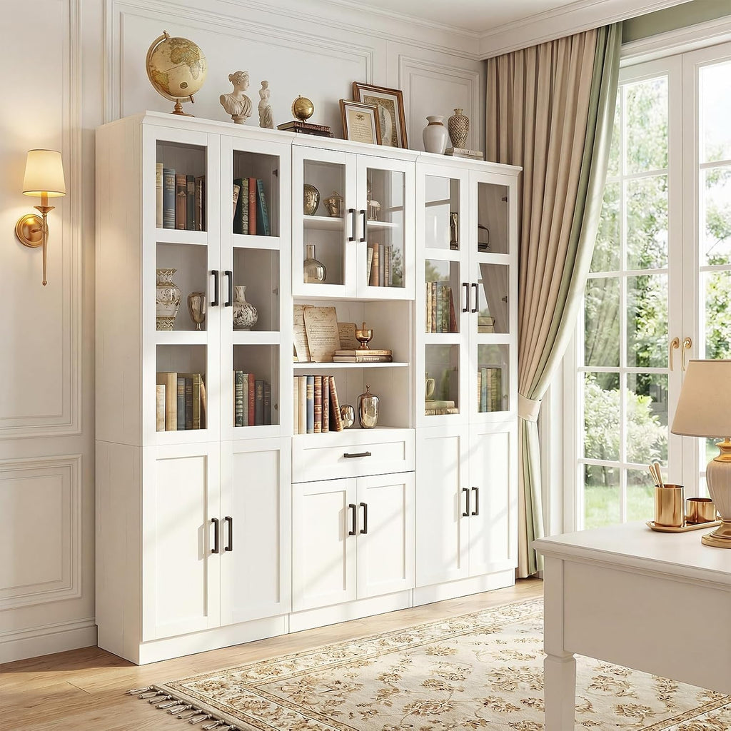 Unikito 79.7" Tall Kitchen Pantry Storage Cabinet, Freestanding Kitchen Hutch Cabinet with Tempered Glass Door, Adjustable Shelves and Drawer, Large Display Bookcase for Living Room Dining Room, White