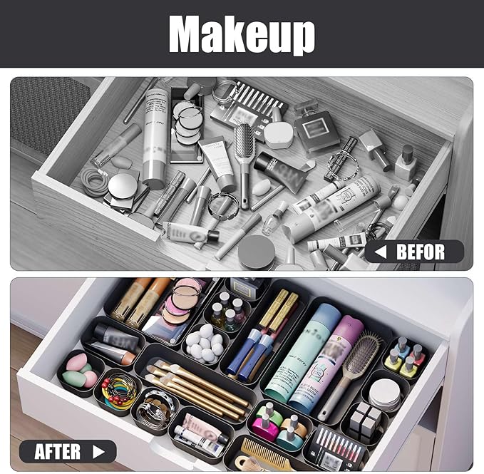 Plastic Drawer Organizers, 10 PCS Drawer Organizer Bins, Bathroom and Vanity Organizer Plastic Tray, Makeup organizer and storage for Makeup, Bedroom, Kitchen Gadgets Utensils and Office (Black)