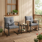TARKARI 3-Piece Patio Rocking Chairs Set of 2, Outdoor Rocking Chair Bistro Set with Upgraded 2.0 Rust-Proof Alloy Frame & Premium Olefin Cushions, Wicker Rocking Chairs Patio Furniture Set, Grey